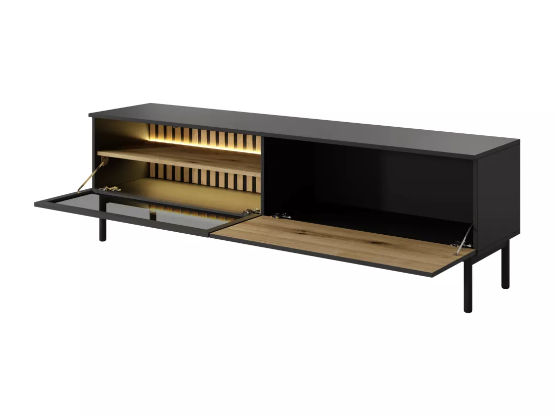 Meuble TV 2 portes avec LEDs - Naturel et noir - LABENIA