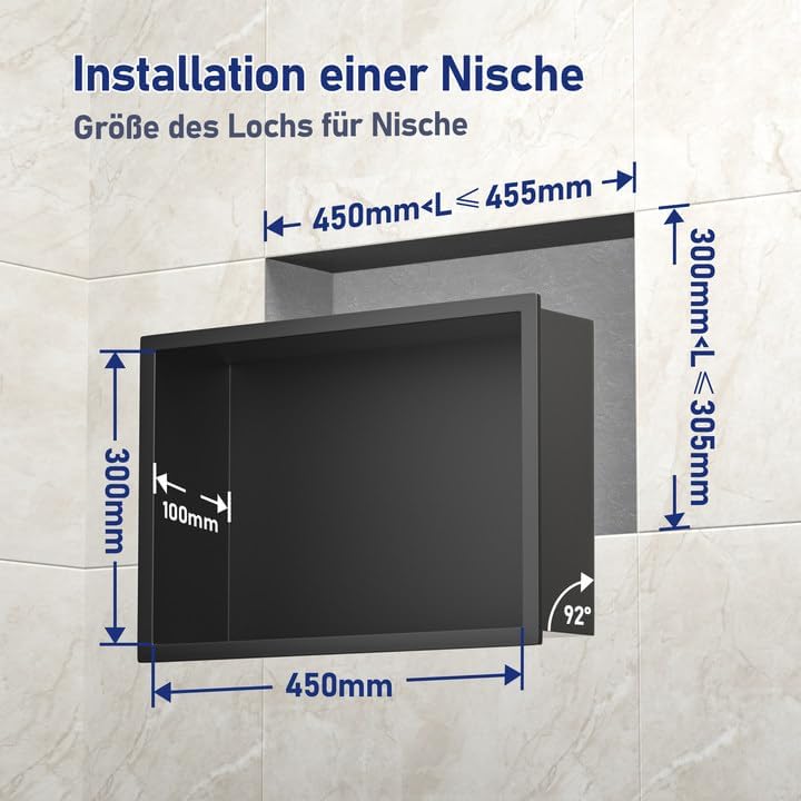 Wandnische Dusche Edelstahl mit LED-Streifenlicht, 45 cm x 30 cm, Wasserdicht - Keine Fliesen Erforderlich, Badezimmer Lagerung, Nische, Matt Schwarz