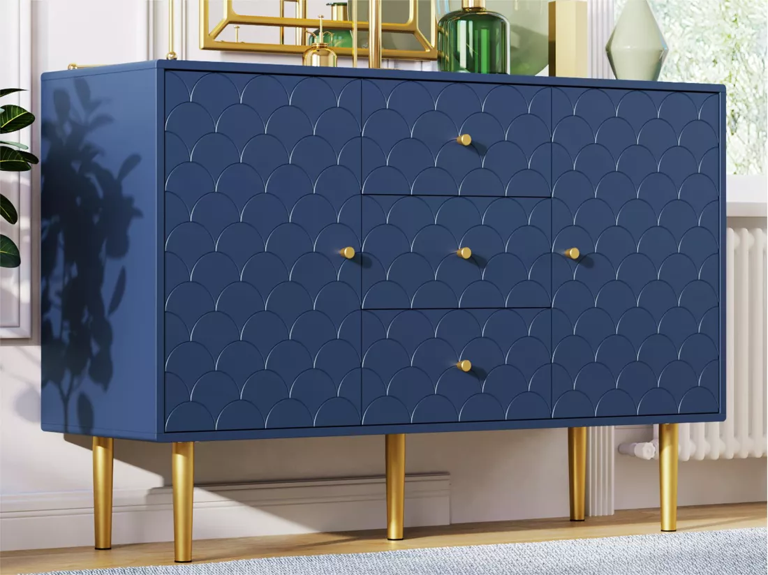 Commode avec ragement pour chambre - 3 tiroirs + 2 portes - bleu foncé
