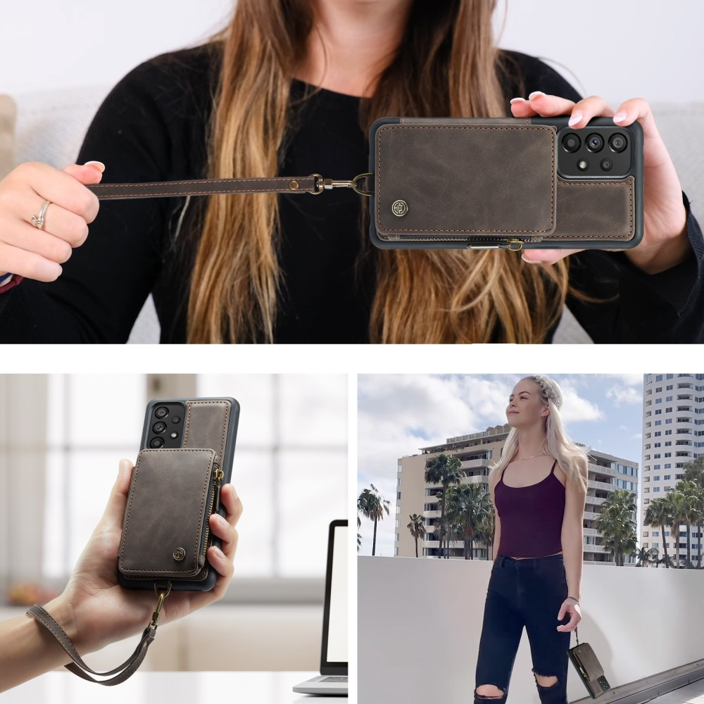 Samsung Galaxy A54 5G Leder Schutzhülle mit Münzbeutel   3 Kartenfächern - Dunkelbraun