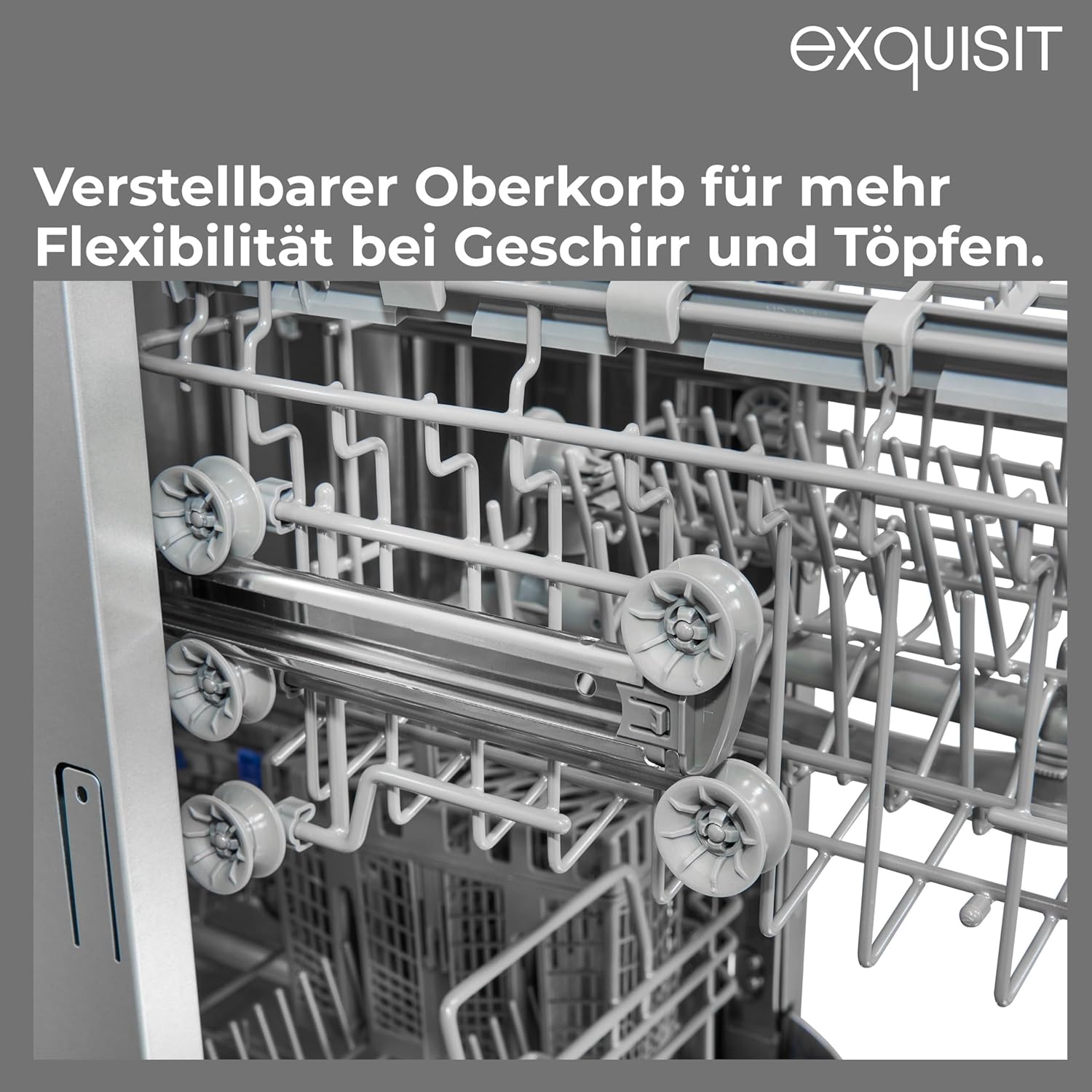 Exquisit PLUS Geschirrspüler | 9 Maßgedecke, Energieeffizienzklasse E, 49 dB(A) | schmal, kompakt, 7 Programme, Eco, Intensiv, Kurz, Extra-Trocknung, Startzeitverzögerung | GSP59309-030E silber