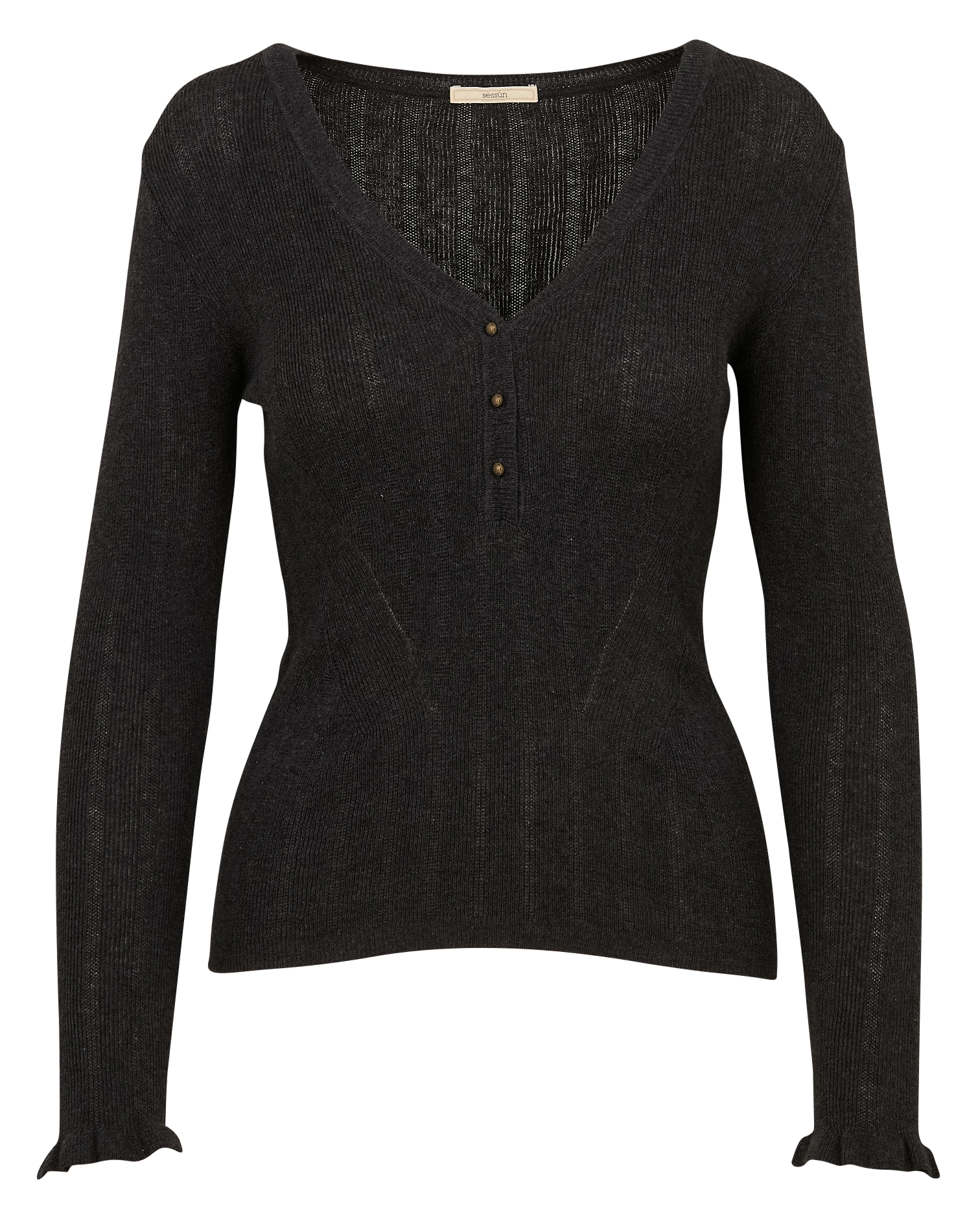 ESTE - Pull fin ajusté col V en coton et cachemire | Gris