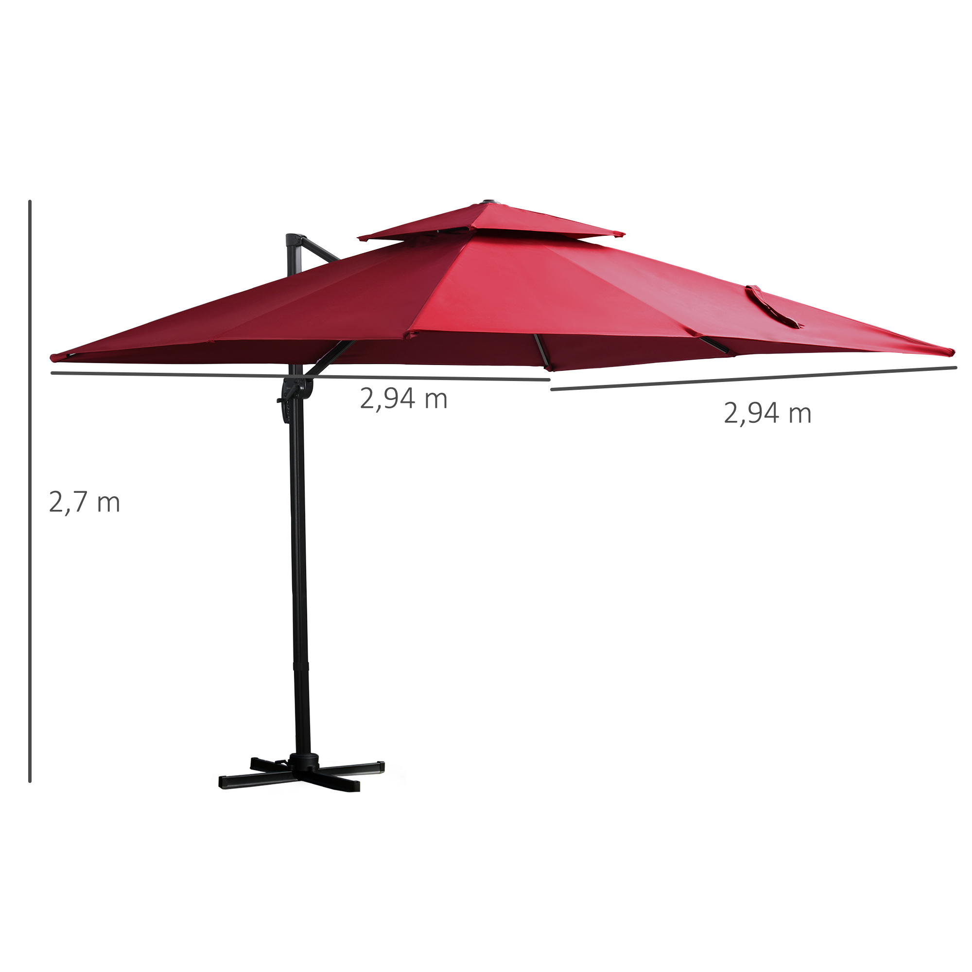 Guarda-sol de jardim Outsunny 300x300 cm em alumínio com manivela, mastro giratório 360°, cobertura dupla, inclinação em 6 posições e base cruzada incluída, vermelho