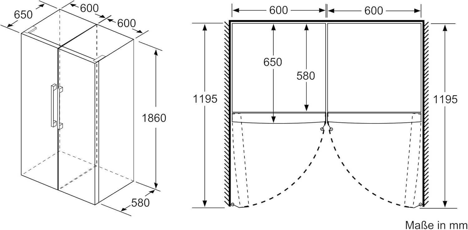 Bosch KAN95VLEP Europäischer Side-by-Side, 186 x 120 cm, 327 kWh pro Jahr, Inox-look, 346 L Kühlteil & 242 L Gefrierteil, NoFrost, VitaFresh