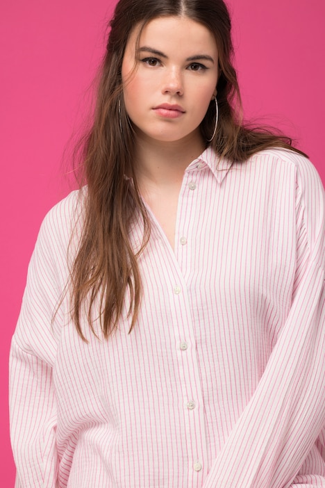 Bluse, oversized, Musselin, Streifen, Hemdkragen, Langarm