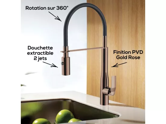 PAINI Mitigeur cuisine Addict Bec haut gold rose douchette extractible
