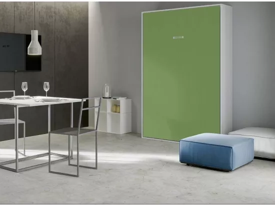 Lit escamotable vertical frêne blanc et porte verte kanto 140x190