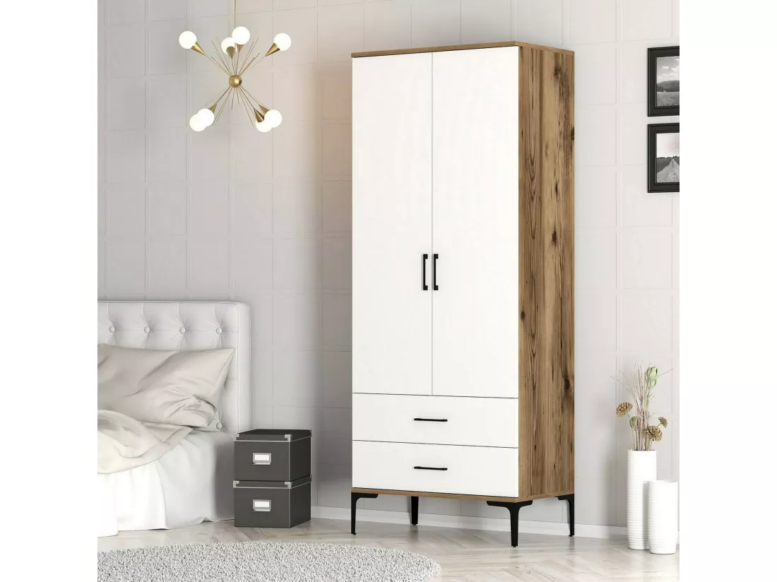 Garde-robe 2 portes Dpan, Meubles de chambre, Penderie de plain-pied, Placard à vêtements, 80x201h48 cm, Noyer et Blanc