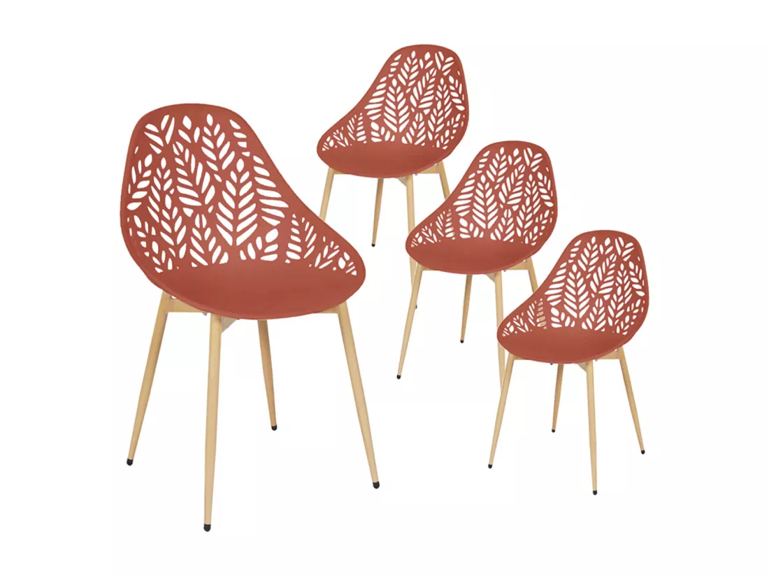 SAYA - Lot de 4 Chaises de Jardin Coque Plastique Ajourée Terracotta Pieds Métal