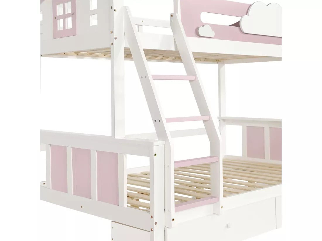 Lit superposé, lit d'enfant,avec barrière de sécurité de couleur contrastée,avec fenêtre,avec décoration de nuages,avec échelle inclinée à quatre marches et tiroirs,pin+MDF,blanc+rose,90x200cm+120x200cm,Sans matelas