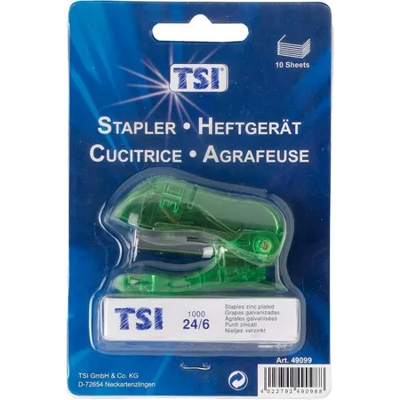 TSI Heftgerät + 1000 Heftklammern.24/6, transparent-grün