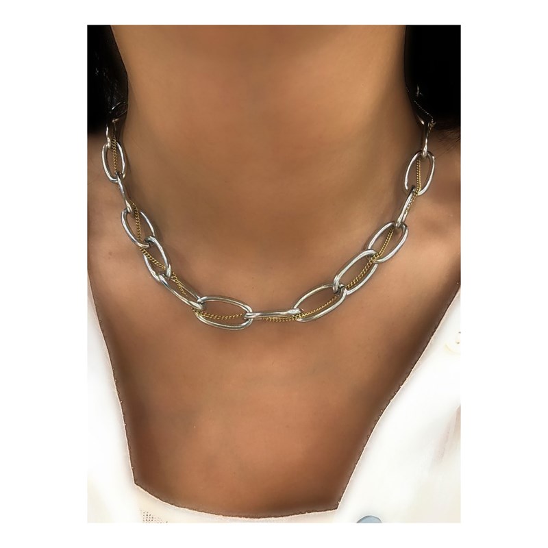 Collier en acier argenté et doré double chaîne en maille de différentes tailles, chaînette réglable, avec pierre Crystal Swarovski