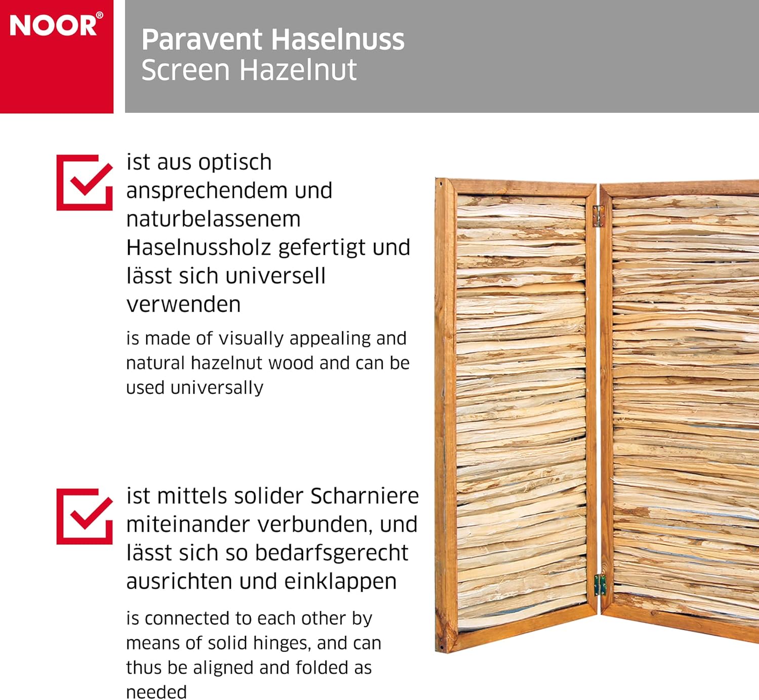 NOOR Haselnuss Paravent - Sichtschutz 3-teilig klappbar für Outdoor - wetterfester Windschutz für Terrasse, Garten und Balkon - natürliche Trennwand Holz-Rahmen Gesamtgröße 120x180 cm CJ5270259