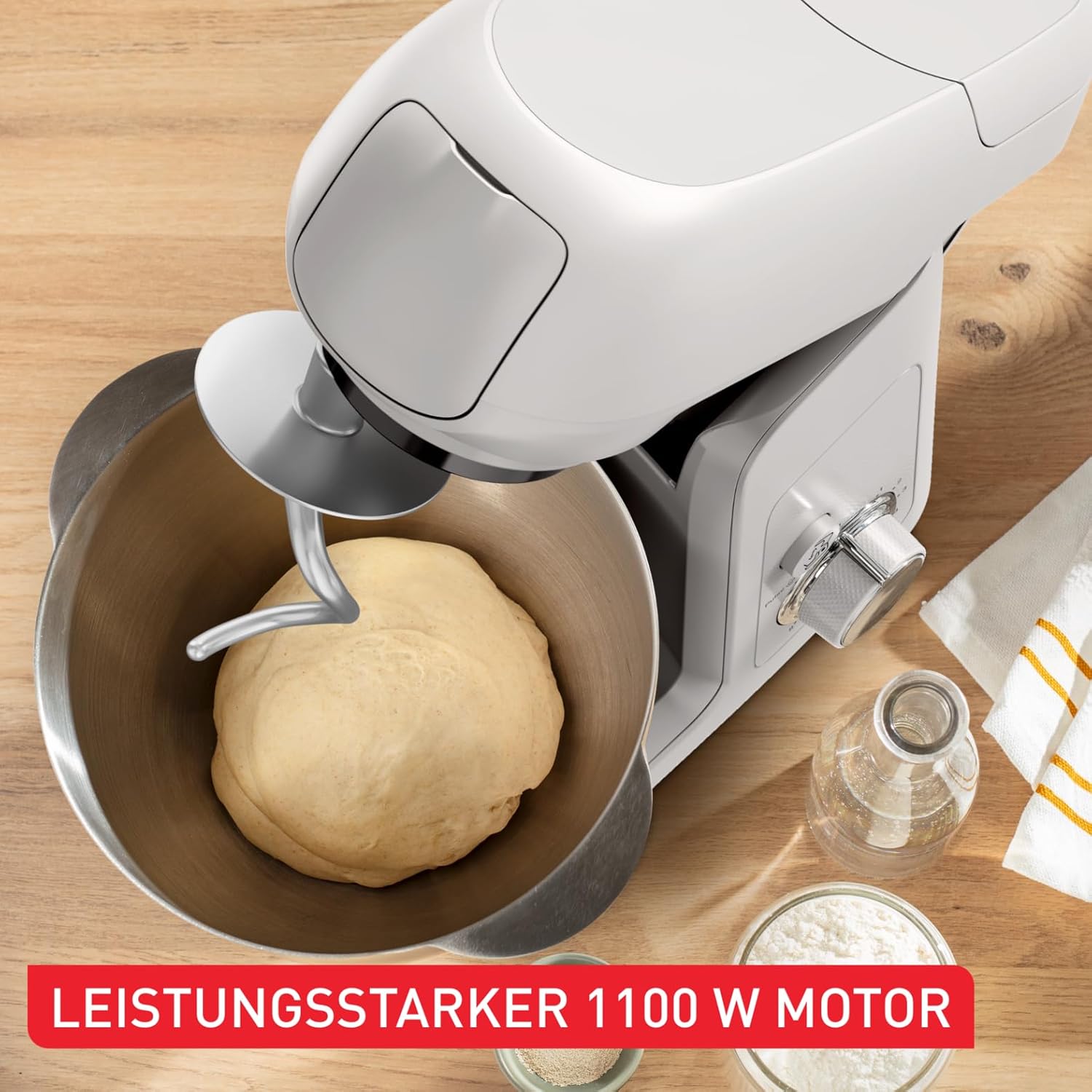 Tefal Bake Partner Küchenmaschine, leistungsstarke 1100 W, inkl. Standmixeraufsatz + Back-Kit, Abschaltautomatik bei Anheben des Armes, planetarisches Rührsystem, 4,6-l-Schüssel, Silber, QB525B38