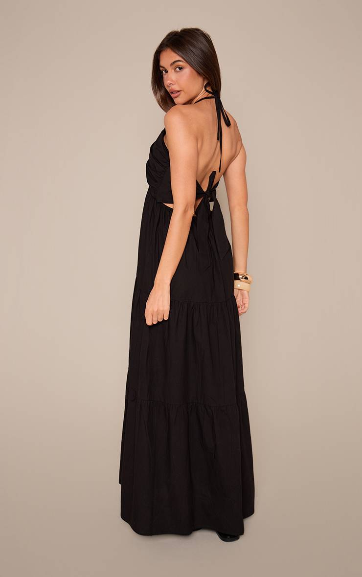 Noir Robe Longue Étagée En Popeline De Coton À Encolure Croisée Dos Nu