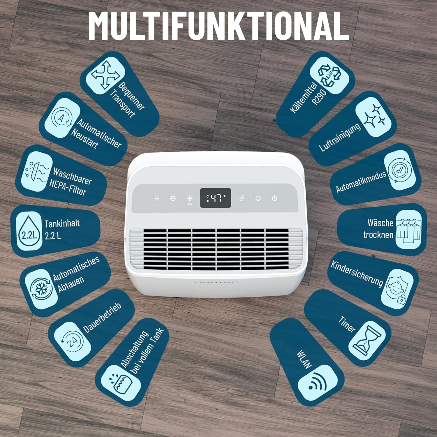 Noaton® DF 4115 WiFi HEPA Smart Luftentfeuchter und Luftreiniger, 15L/24H, 3 Jahre Garantie, 5 Modi, Leise, App, Timer, mit Ablaufschlauch, 2,2 L-Wassertank, für Raum 50 m2, Schlafmod