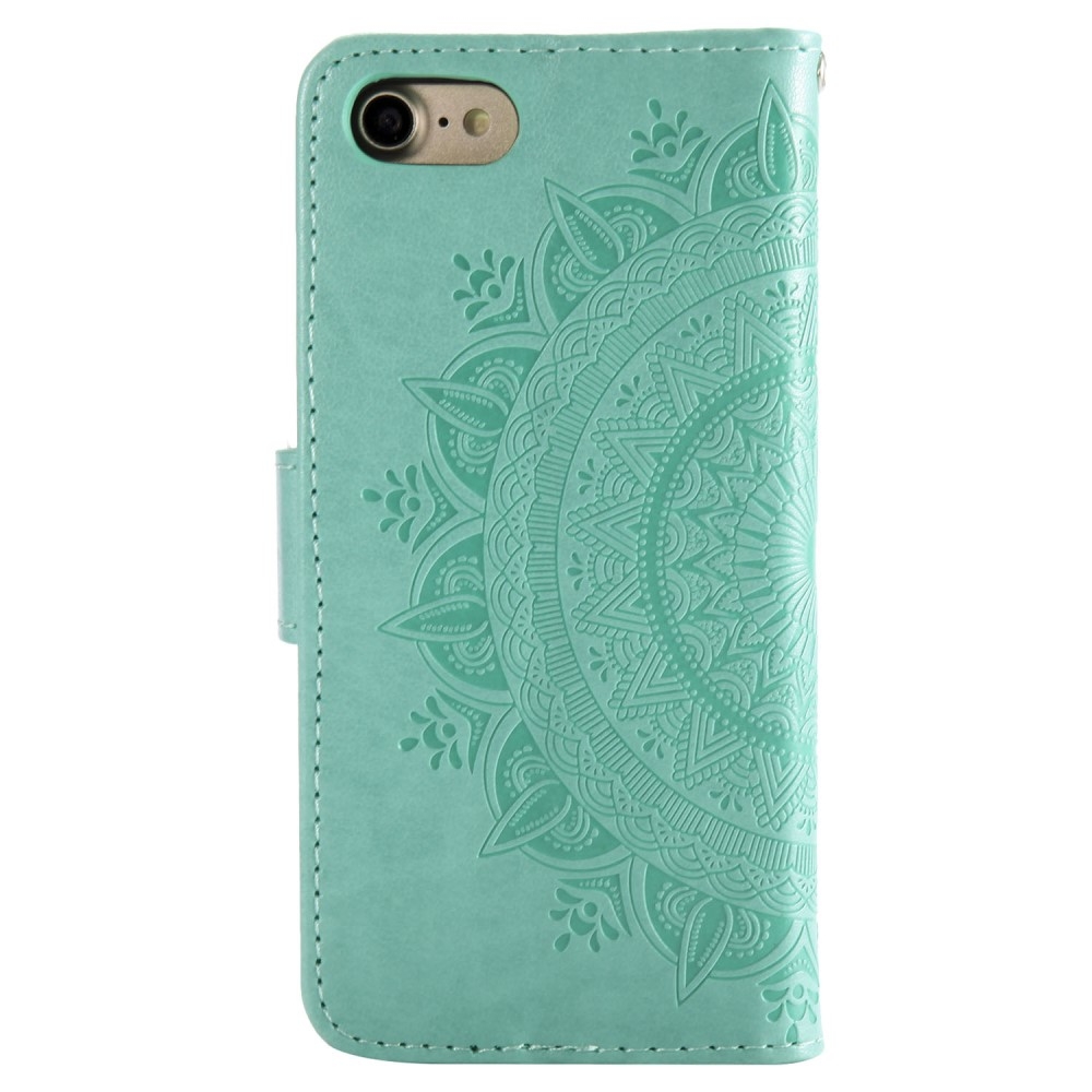 iPhone SE (2022/2020) / 8 / 7 / 6S Leder Tasche Wallet - Mandala Flowers Imprint - Türkis