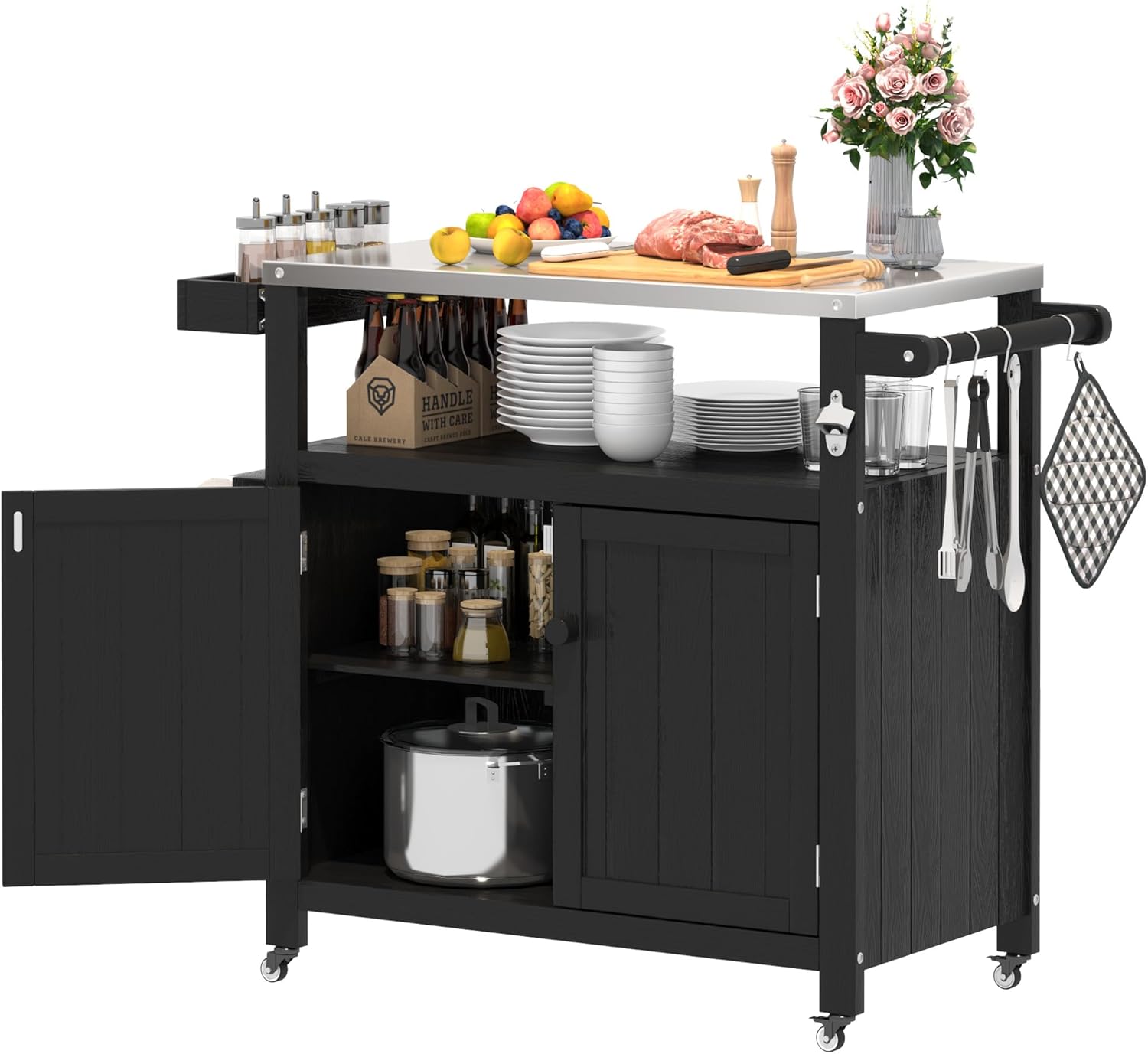 Wetterfeste HIPS Outdoor Kücheninsel mit Edelstahlplatte & Aufbewahrungsschrank, bewegliche Vorbereitungstisch mit Rädern für BBQ-Zubereitung, Outdoor Grillwagen für Parties, Schwarz