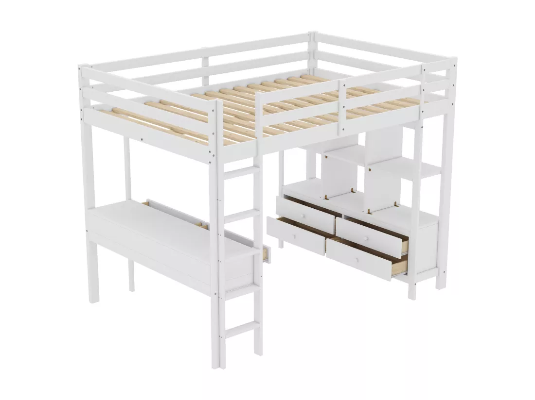 Lit mezzanine 140x200cm en pin massif avec bureau + tiroirs + étagères + sommier à lattes - Blanc