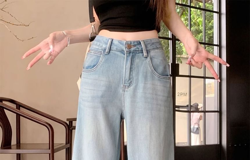 Wisjam - High Rise Washed Cropped Wide Leg Jeans