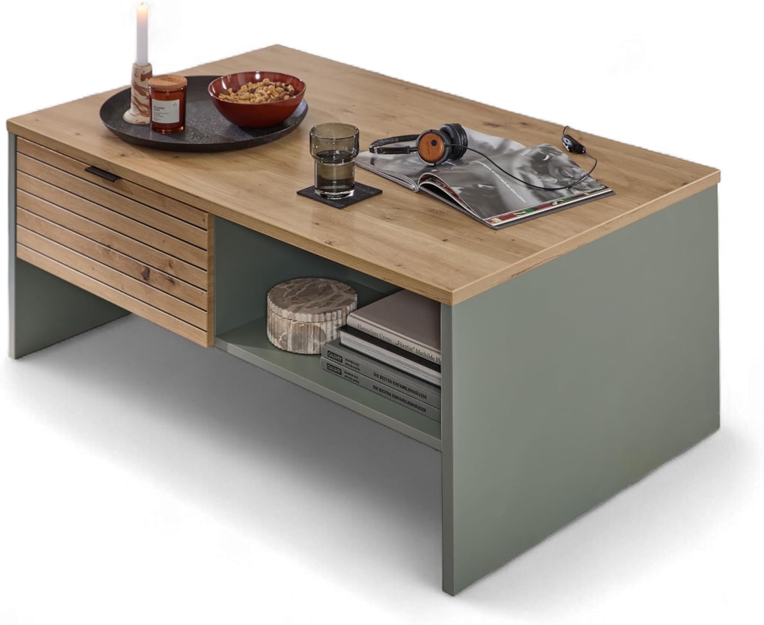Stella Trading INA Couchtisch in Schilfgrün, Artisan Eiche Optik FSC-Zertifiziert - Moderner Sofatisch mit Schubladen für Ihren Wohnbereich - 110 x 44 x 65 cm (B/H/T)