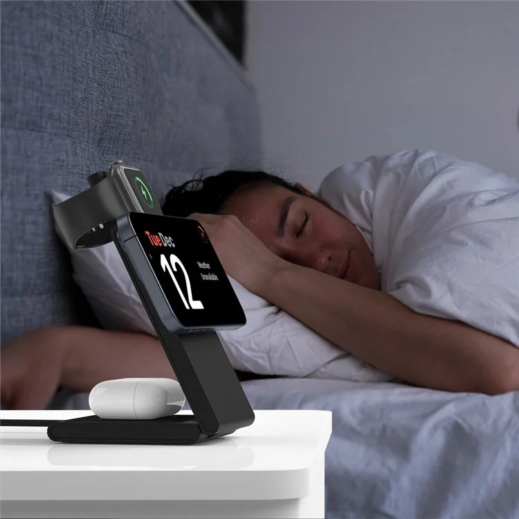 (15W) 3in1 MagSafe Ladegerät Qi2 Wireless Charger Faltbarer Ladeständer für Apple Watch / Smartphone / AirPods - Schwarz
