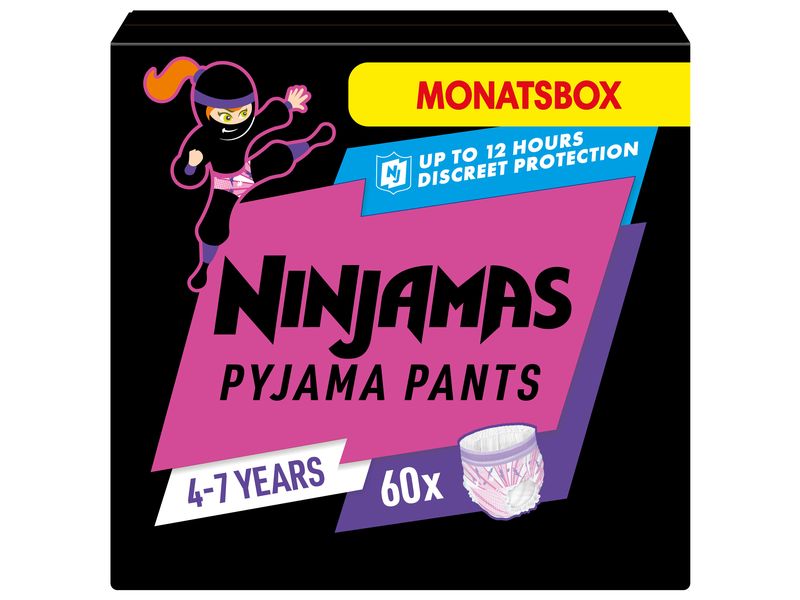 Pampers Nachtwindeln Ninjamas Mädchen 4-7 Jahre, 60 Stk. Monatsbox – Auslaufschutz für die ganze Nacht