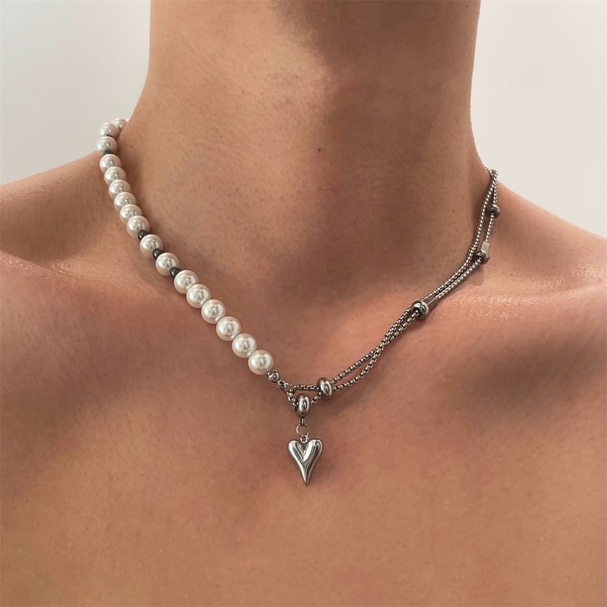 Lilafey - Roestvrijstalen hartvormige hangerketting met imitatieparel