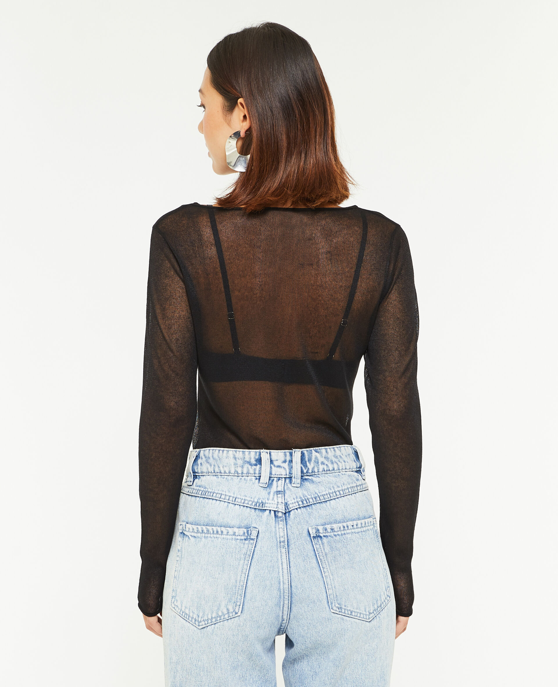 Top manches longues en maille transparente - Noir