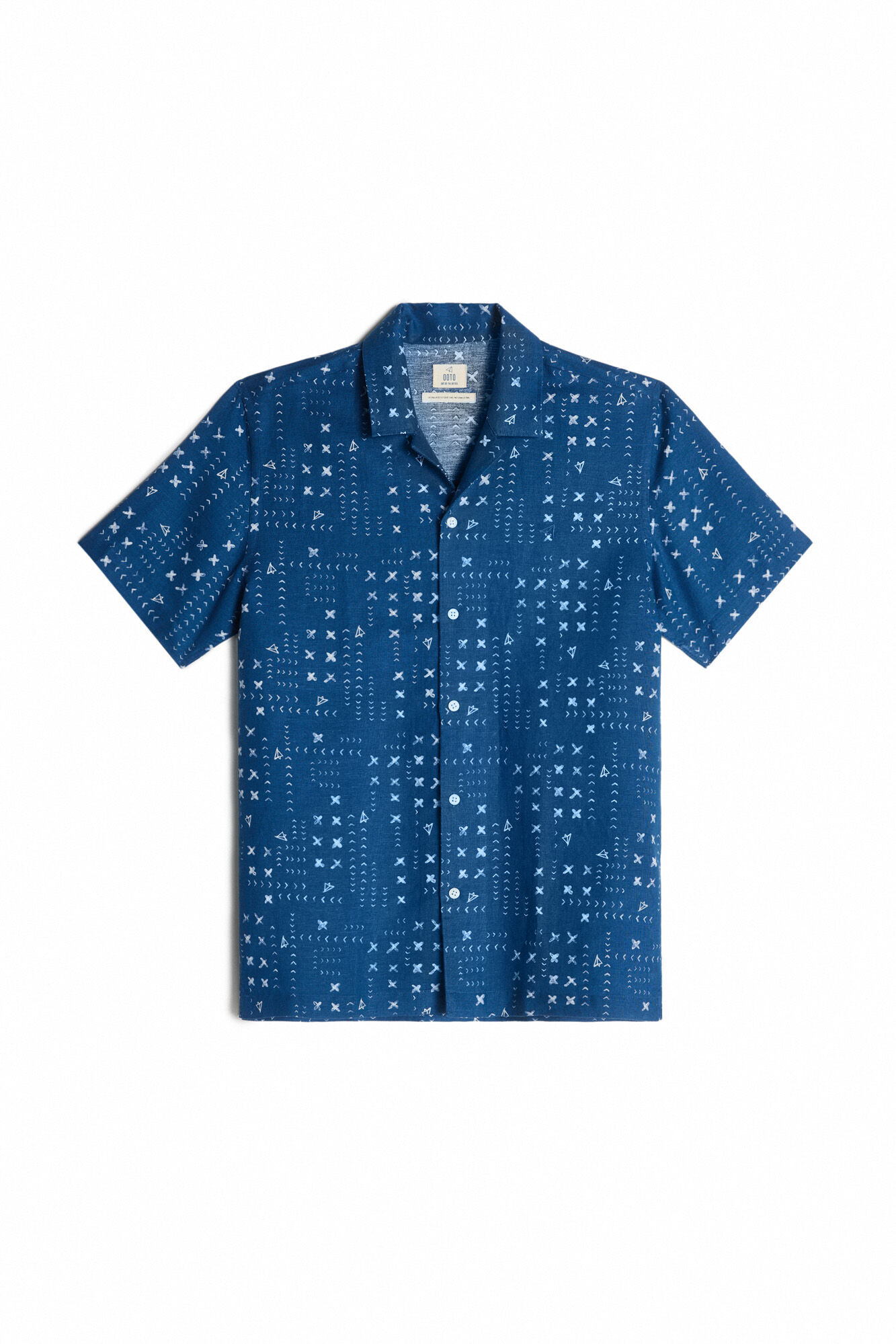 Camisa de linho de manga curta com estampa de patchwork - Azul marinho