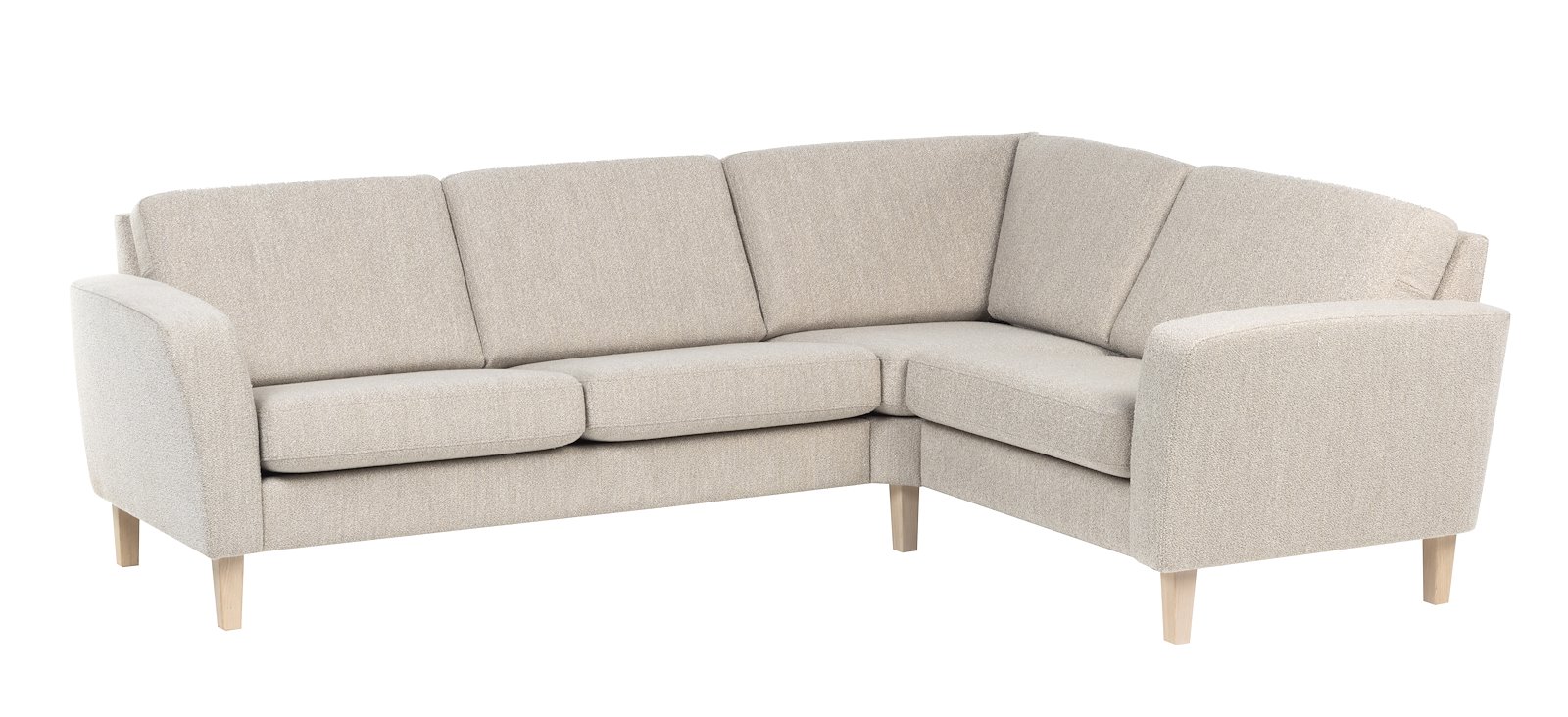 Slogen hjørnesofa 2-seter hjørne 1-seter. Tekstil Dragon Sand med standard ryggpute. Vange A og hvitpigmentert ben 178.