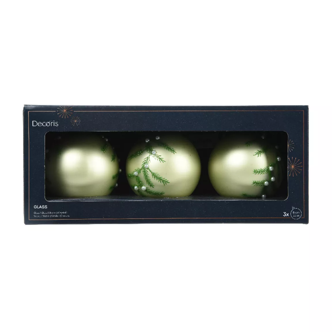 Lot de 3 boules de Noël en verre (D80 mm) Feuillage d'hiver Thé vert