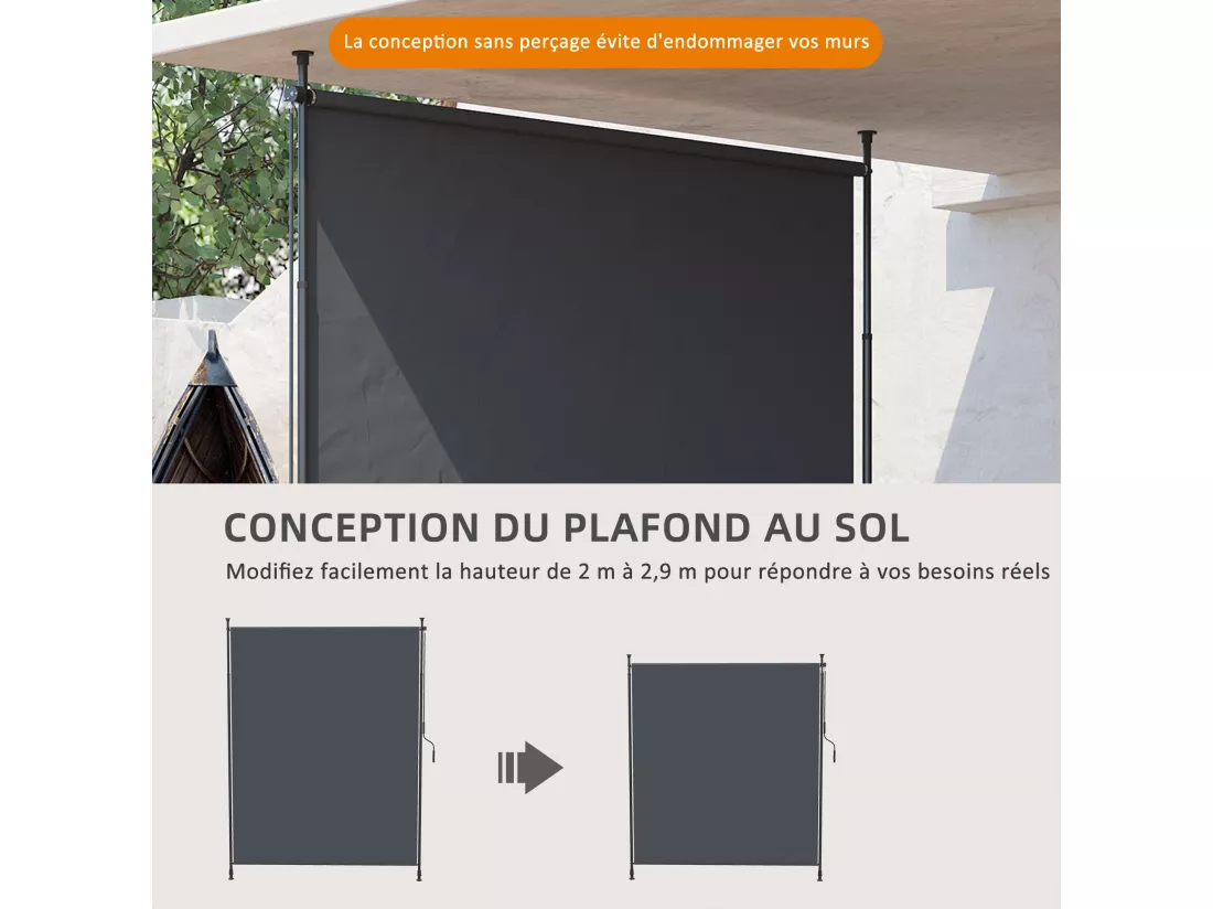 Store vertical réglable avec manivelle - brise-vue - installation sans perçage - alu métal gris