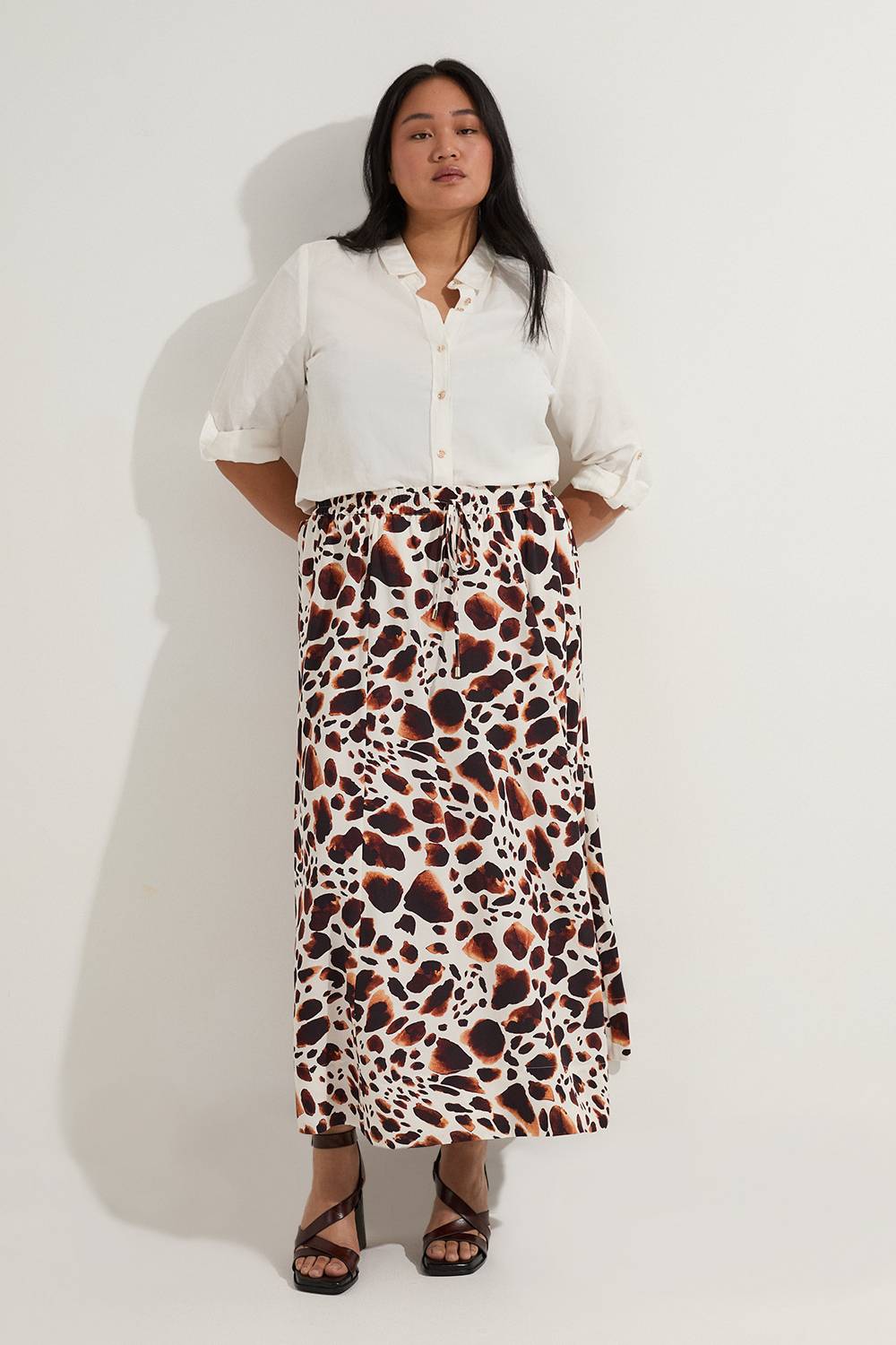 KarenMillen Jupe Tissée Grande Taille Premium Viscose Lin Avec Ceinture À Nouer