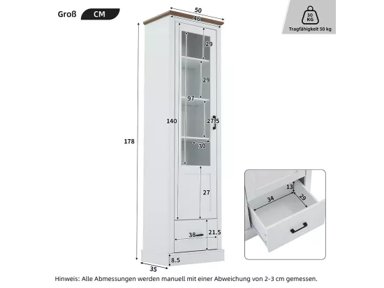 Vitrine LED avec port et tiroir USB télécommande 16 couleurs sur pied avec décor bois armoire de présentation à 5 compartiments MDF blanc