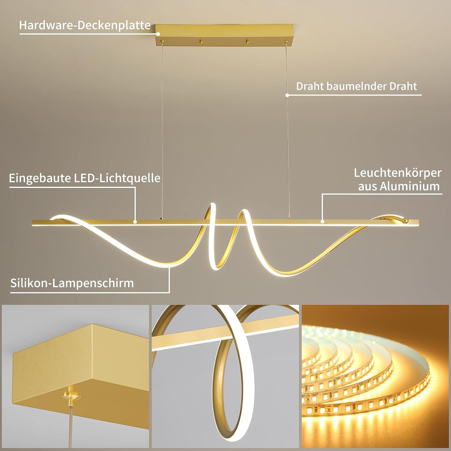 Mikeru Hängeleuchte Wohnzimmer 100cm, Golden Spiral Pendelleuchten LED Pendelleuchte mit Memory-Funktion 10%-100% Dimmbar 3000K Warmweißes/4500K Neutrales/6500K Kaltweißes für das Esszimmer