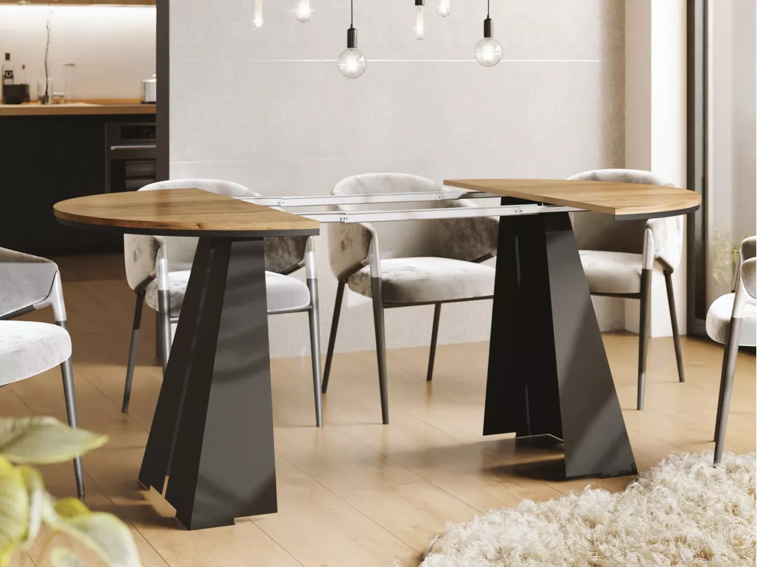 Table à Manger Ronde Extensible Avec Piètement Métallique Noir - Table Industrielle Moderne Pour Salle à Manger Ou Cuisine - 120 Cm à 200 Cm - Fabriqué En Ue - Chên