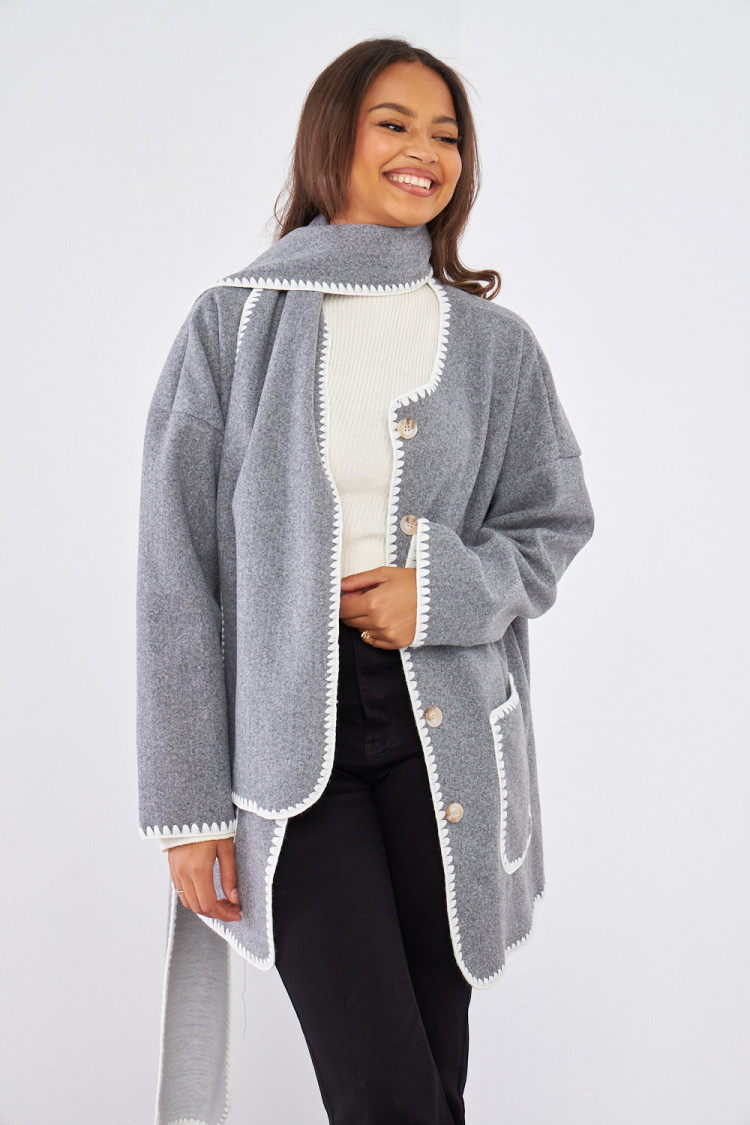 Ensemble 2 pièces veste + écharpe grise à couture en relief