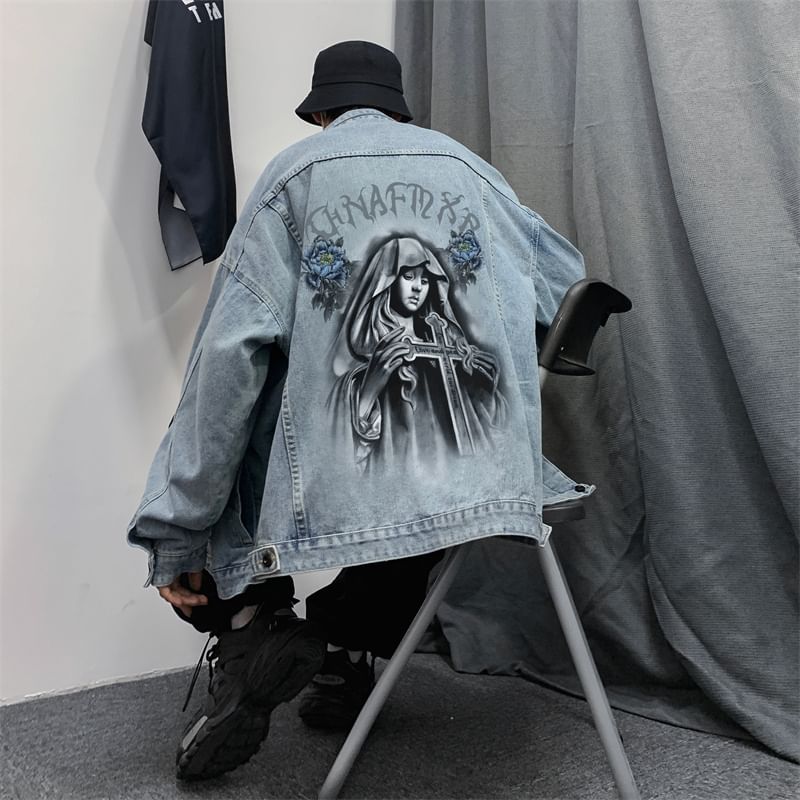 Bay Go Mall - Gewassen denimjack met kraag en kruisprint