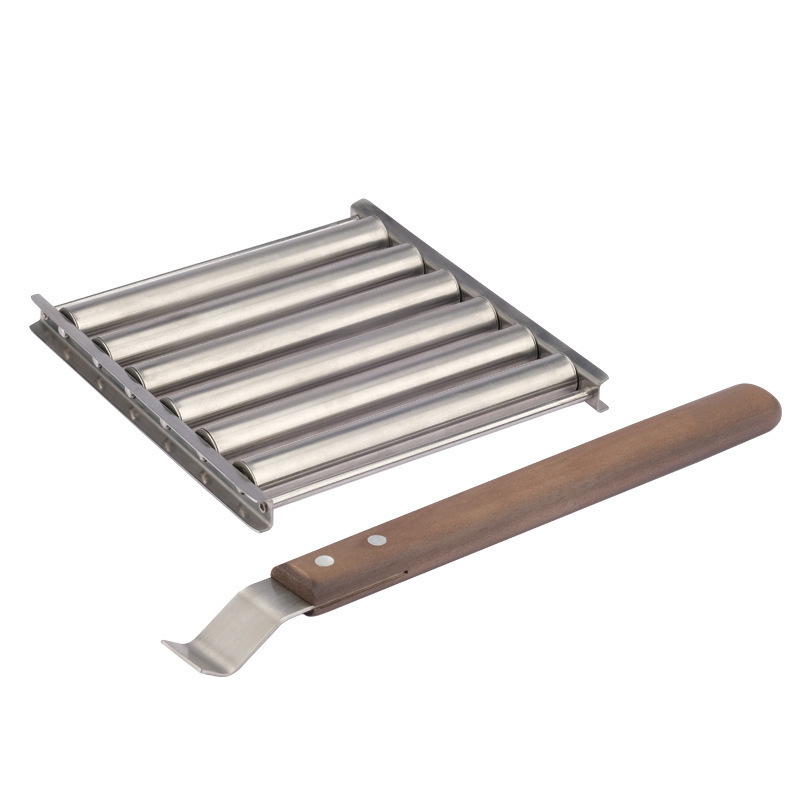 Edelstahl Hot Dog Rack Wurst Roller BBQ Grill Zubehör Bratwurst Gestell mit Holzgriff