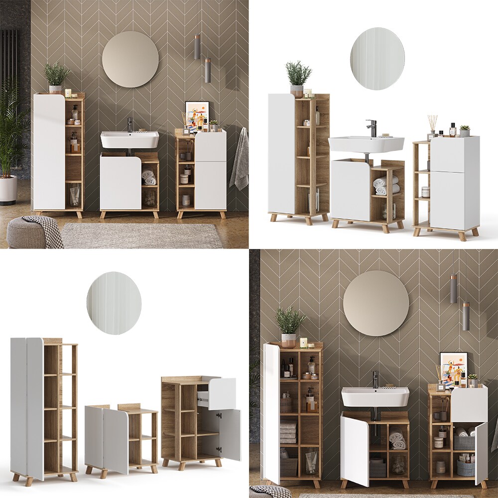 Vicco Badmöbel-Set Karen, Sonoma Weiß, moderne Badezimmerserie, 2 Farben, Waschtischunterschrank, Badspiegel; Midischrank, Unterschrank