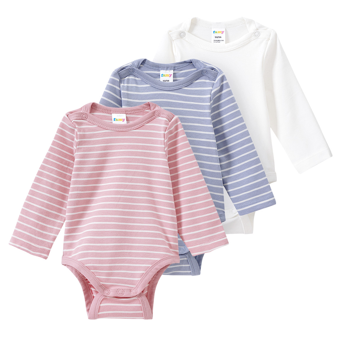 Famy 3 Baby Bodys in verschiedenen Dessins hellblau / rosa / weiss