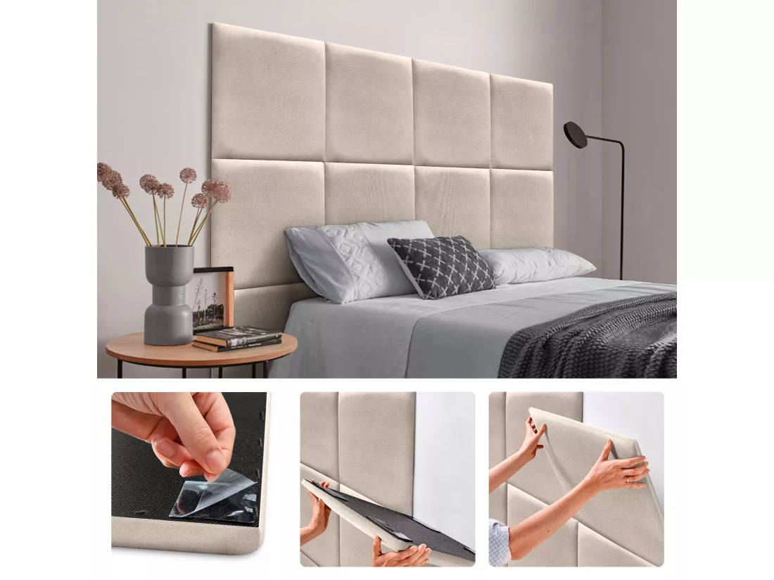 DHOME Lot de 8 Panneaux Rembourrés en Tissu Aqualine Autocollants pour Mur Acoustiques Absorbants Protection contre les Chocs (Beige, 50x50cm, x8)