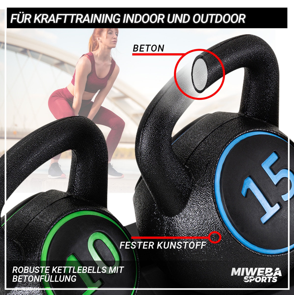 Miweba Sports Kettlebell-Set, 2-7 kg, Kettlebell-Ablage, Kugelhantel Indoor und Outdoor, Betonfüllung (2 - 7 kg)