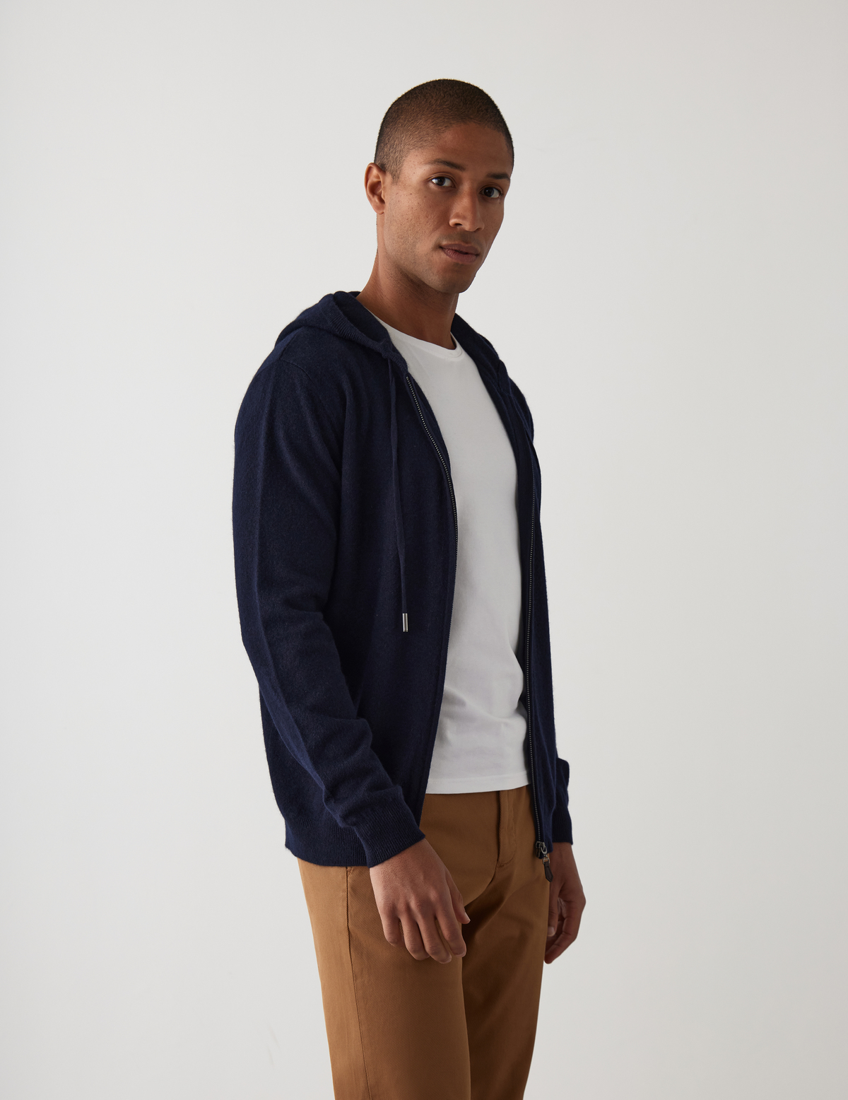 Gilet à capuche zippé en cachemire et laine unis bleu nuit