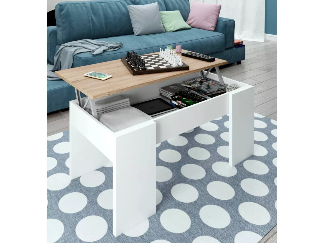 Table basse Dleal, Table basse avec plateau élévateur, Table basse de salon, 100x50h45/56 cm, Blanc et Chêne