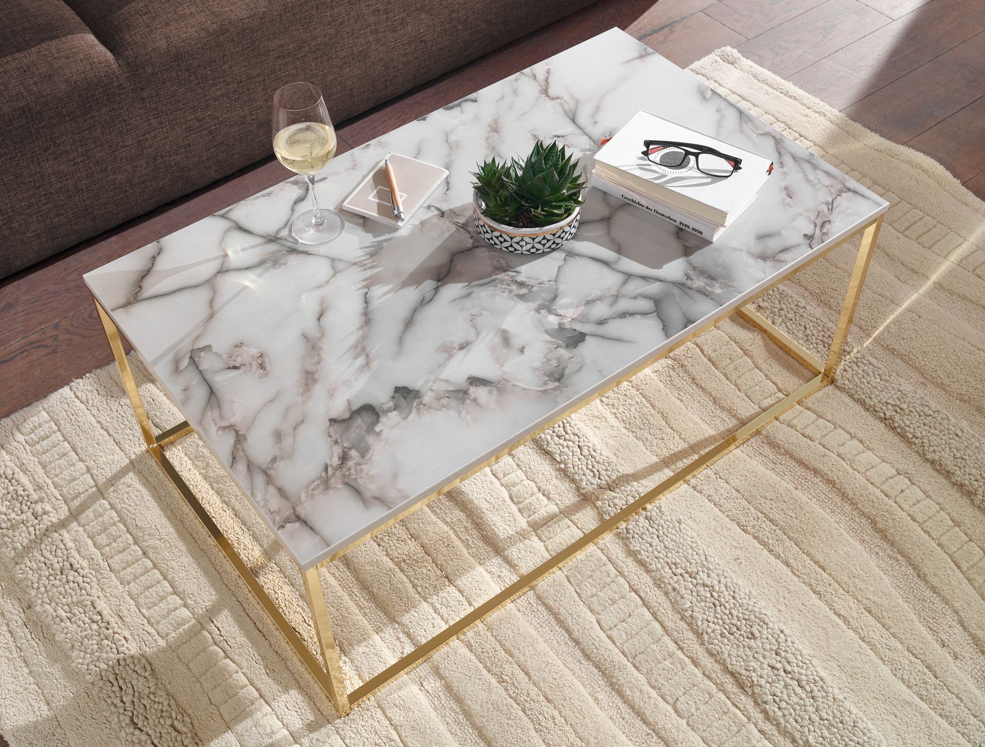 KADIMA DESIGN Couchtisch in Marmor-Optik mit Metallbeine, rechteckig, 100x60x40 cm - Serie MARBRIX