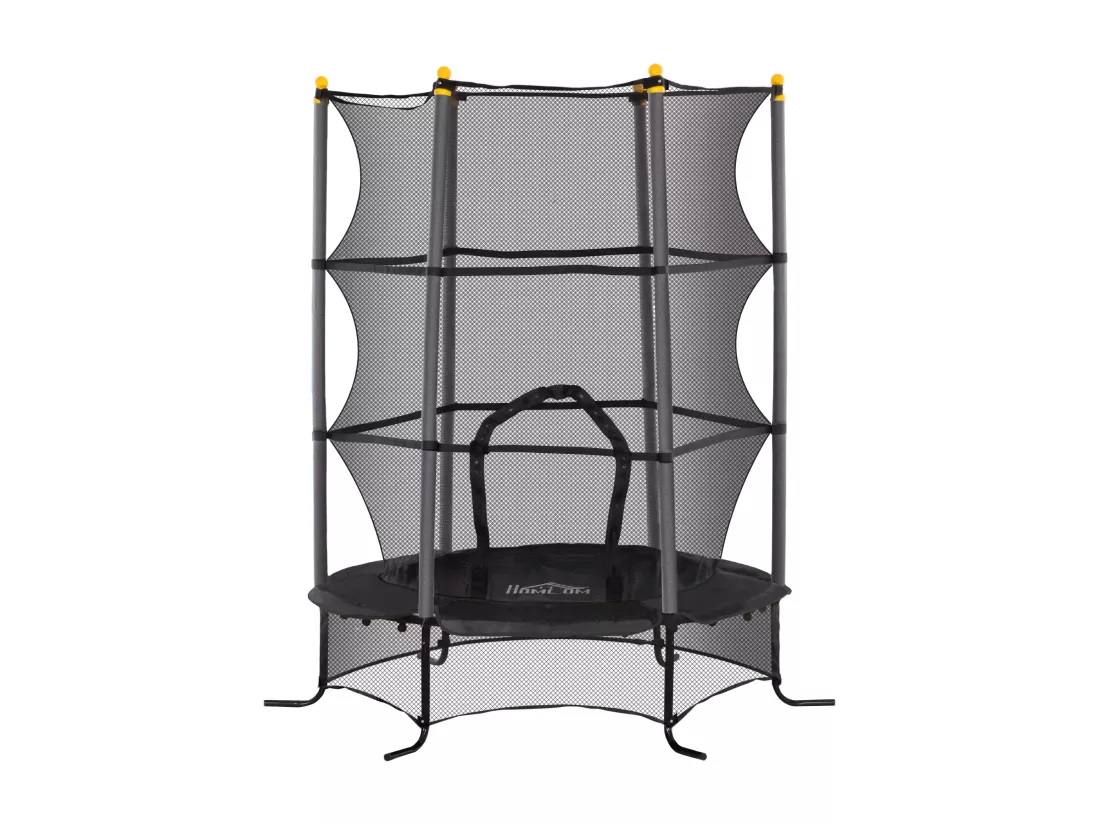 Trampoline de jardin enfants Ø 1,63 x 1,90H m filet de sécurité porte zipée couvre-ressorts + 6 poteaux rembourrés inclus noir