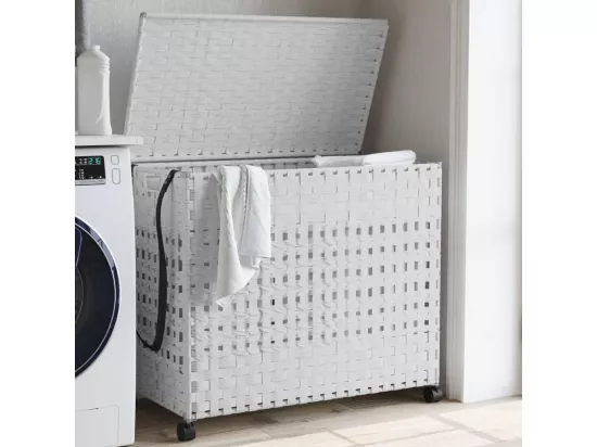 Panier à linge avec roulettes blanc 66x35x60 résine tressée