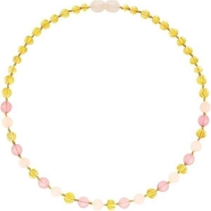 Amberos Natur Bernstein Babykette Lemon mit Edelsteinen Quarz + Pink-Jade